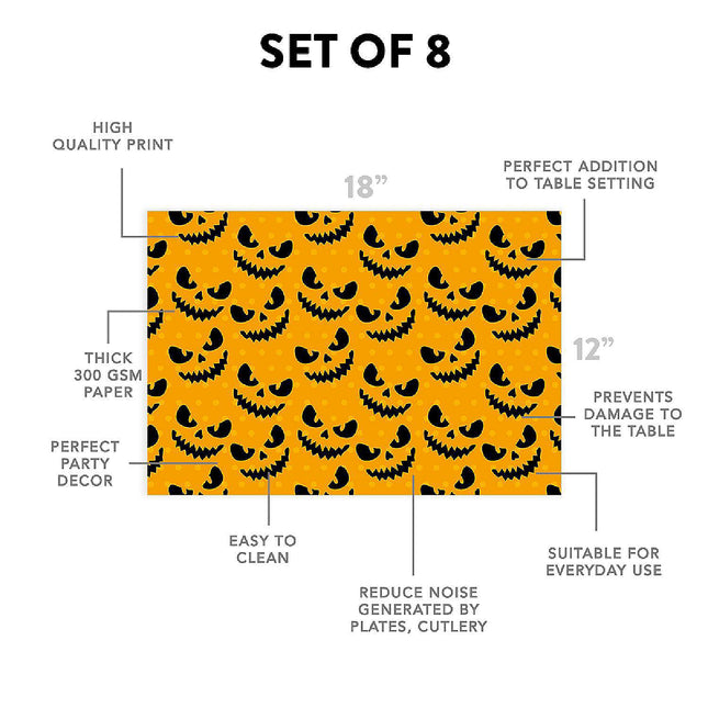 12"x18" Halloween Placemats, Jack-o'-Lantern Patterns Disposable Cardstock Paper - 8 per pack