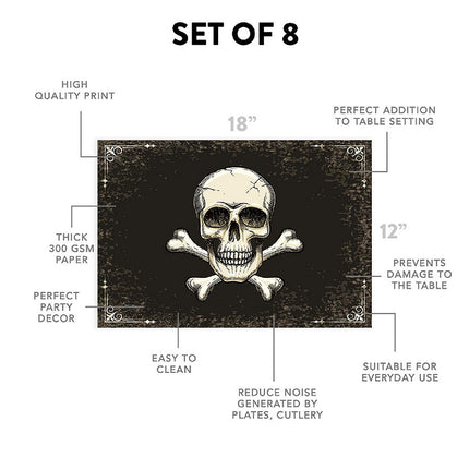 12"x18" Halloween Placemats, Skull and Crossbones Disposable Cardstock Paper - 8 per pack