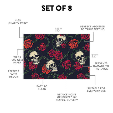 12"x18" Halloween Placemats, Skulls & Roses Disposable Cardstock Paper - 8 per pack