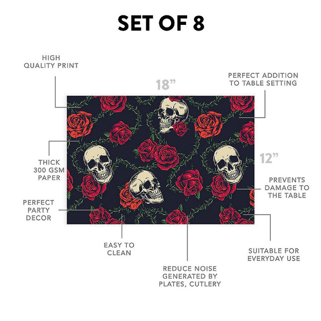 12"x18" Halloween Placemats, Skulls & Roses Disposable Cardstock Paper - 8 per pack