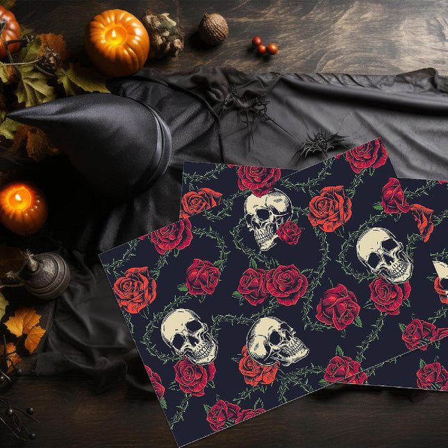 12"x18" Halloween Placemats, Skulls & Roses Disposable Cardstock Paper - 8 per pack