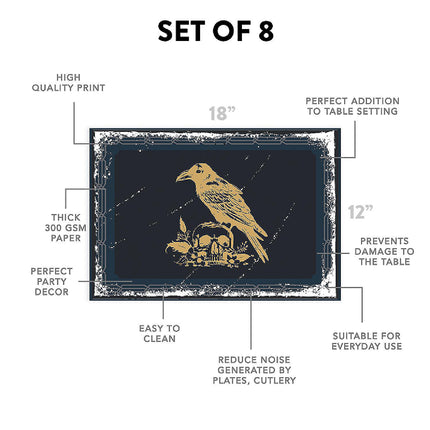 12"x18" Halloween Placemats, Vintage Crow and Skull Disposable Cardstock Paper - 8 per pack
