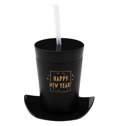 14 oz. Happy New Year Top Hat-Shaped Plastic Cups with Lids & Straws - 12 Per Pack