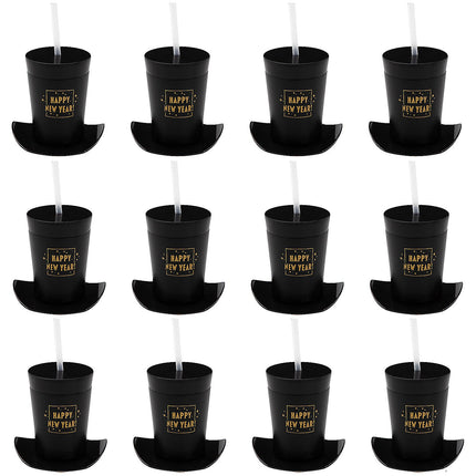 14 oz. Happy New Year Top Hat-Shaped Plastic Cups with Lids & Straws - 12 Per Pack