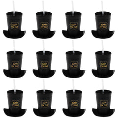 4 1/4" 14 oz Happy New Year Top Hat-Shaped Plastic Cups with Lids & Straws - 12 Per Pack