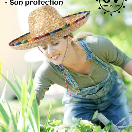 18" Mexican Sombrero Straw Hat With Serape Trim