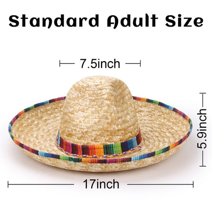 18" Mexican Sombrero Straw Hat With Serape Trim