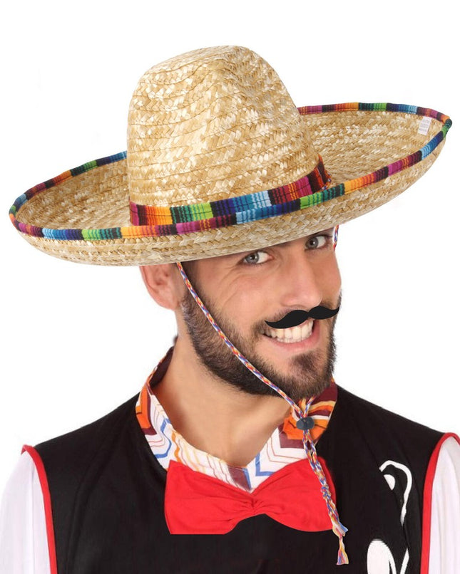 18" Mexican Sombrero Straw Hat With Serape Trim
