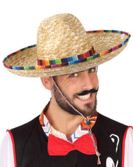 18" Mexican Sombrero Straw Hat With Serape Trim
