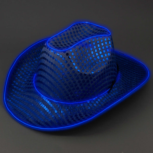 LED Flashing EL Wire Blue Sequin Cowboy Party Hat - Pack of 3 Hats