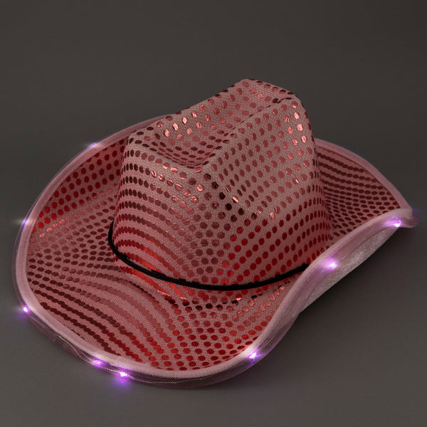 LED Light Up Flashing Pink Cowboy Hat With Sequins - Pack of 2 Hats
