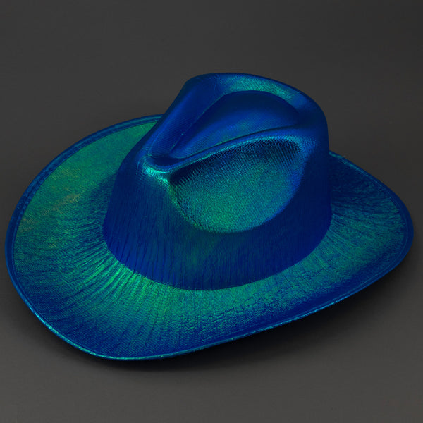 Neon Fun Holographic Iridescent Glitter Space Blue Cowboy Hats - Pack of 3
