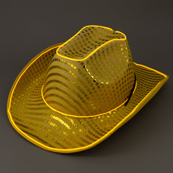 Gold LED Flashing EL Wire Glow Sequin Cowboy Hat | PartyGlowz