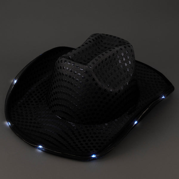 LED Light Up Flashing Sequin Cowboy Hats Black - 12 Hats
