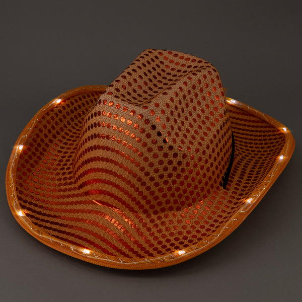 LED Light Up Flashing Orange Cowboy Hat With Sequins