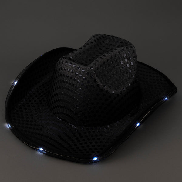 LED Light Up Flashing Sequin Black Cowboy Hat - Pack of 4 Hats