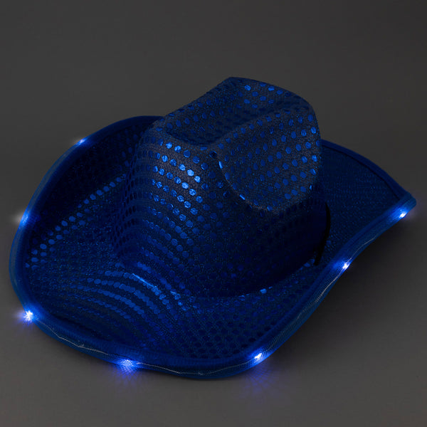 LED Light Up Flashing Blue Sequined Cowboy Hat