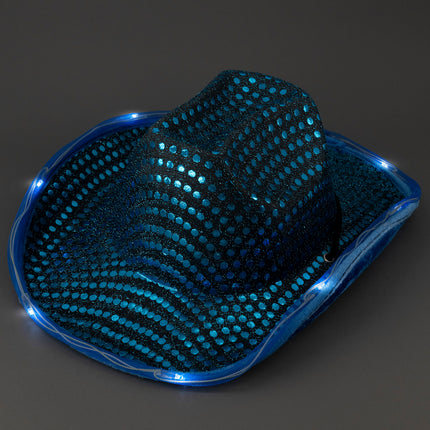 LED Light Up Flashing Sequin Teal Cowboy Hat - Pack of 18 Hats