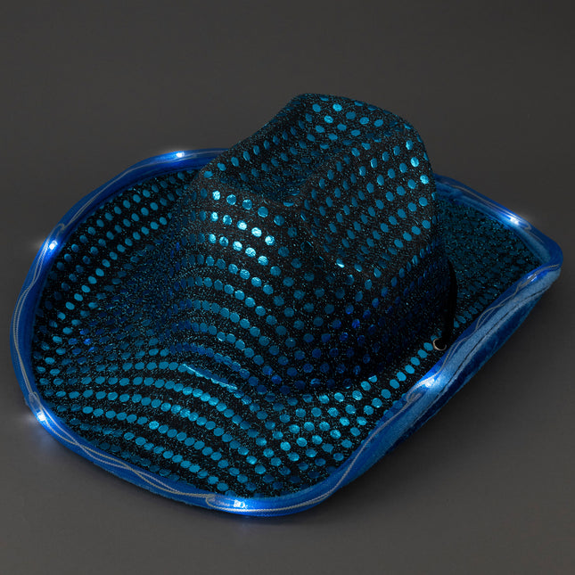 LED Light Up Flashing Sequin Teal Cowboy Hat - Pack of 18 Hats