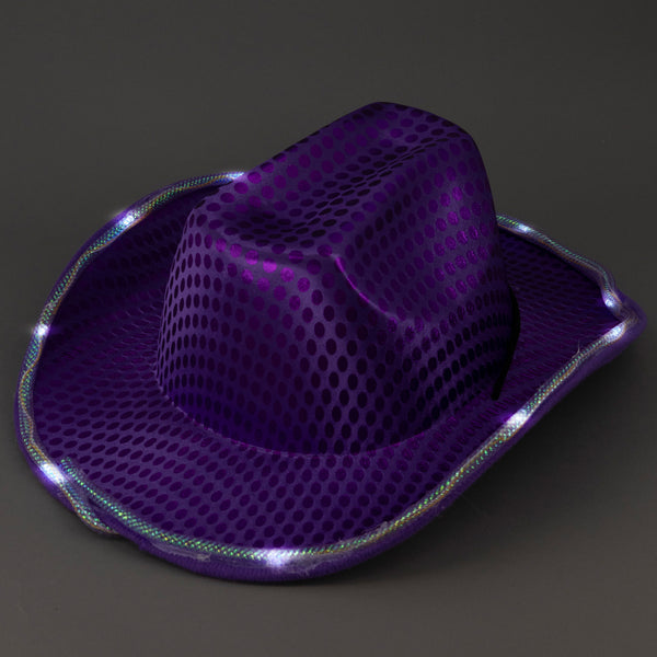 LED Flashing Purple Cowboy Hat With Sequins Pack of 2