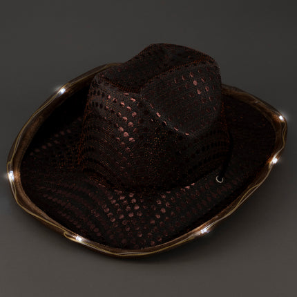 LED Light Up Flashing Brown Cowboy Hat With Sequins