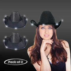 LED Light Up Flashing Black Cowboy Hat With Sequins - Pack of 2