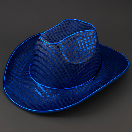 LED Flashing Blue EL Wire Sequin Cowboy Party Hat - Pack of 2 Hats