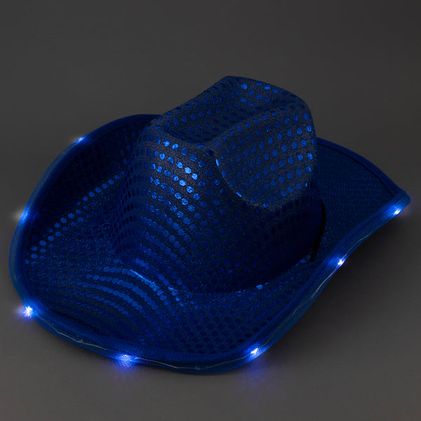 Blue LED Light Up Flashing Sequin Cowboy Hats - Pack of 12