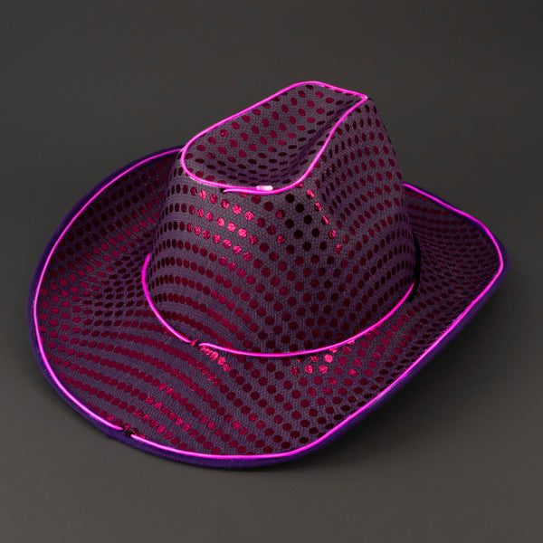 LED Flashing Purple EL Wire Sequin Cowboy Party Hat - Pack of 2