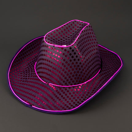 Purple LED Flashing EL Wire Glow Sequin Cowboy Hat | PartyGlowz