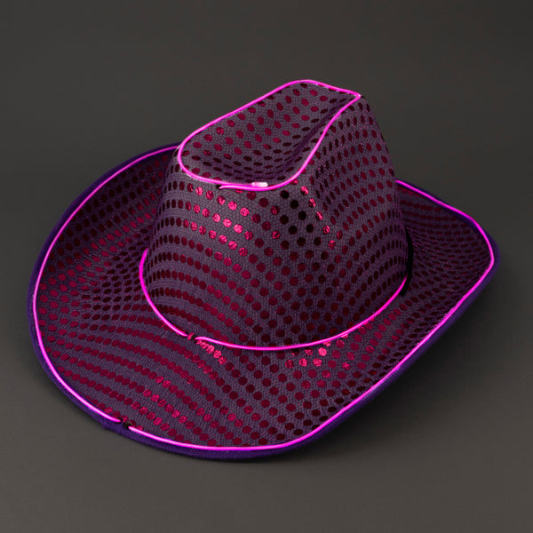 LED Flashing EL Wire Purple Sequin Cowboy Party Hat - Pack of 3 Hats