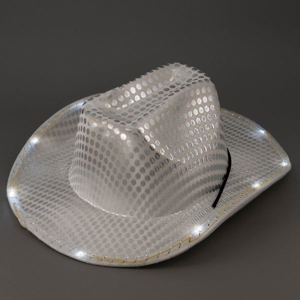 White LED Light Up Flashing Sequin Cowboy Hats - 12 Hats