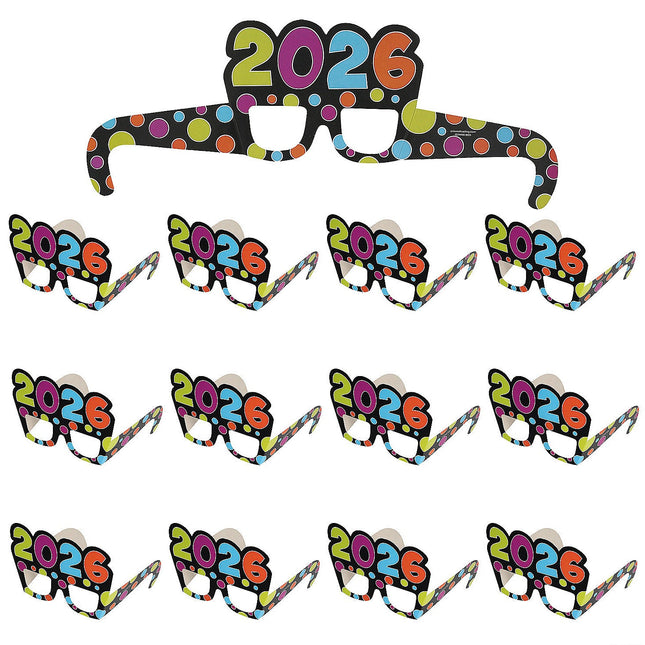 5 3/4" x 5 1/2" 2026 Bright Color Polka Dot Cardstock Novelty Glasses - 12 Per Pack