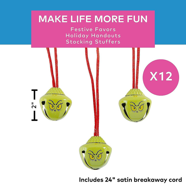 24" Christmas The Grinch Metal Jingle Bell Breakaway Necklaces - 12 Per Pack