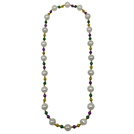 25mm Pearl White 52 Inches Necklace With Alternating Purple, Green & Gold Beads