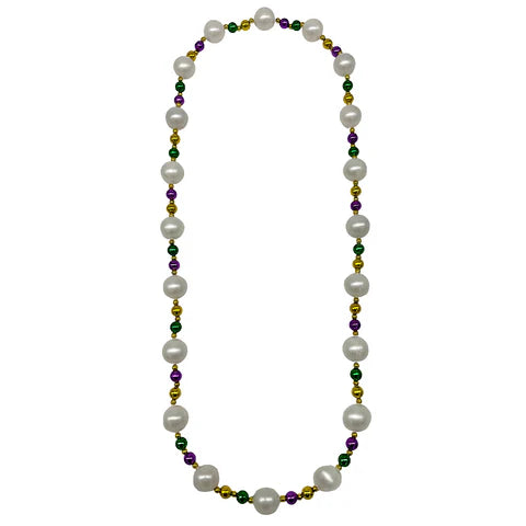 25mm Pearl White 52 Inches Necklace With Alternating Purple, Green & Gold Beads