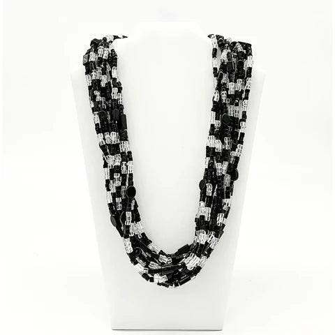 27 Inches Black & Clear Glass Bead Necklaces - Pack of 12