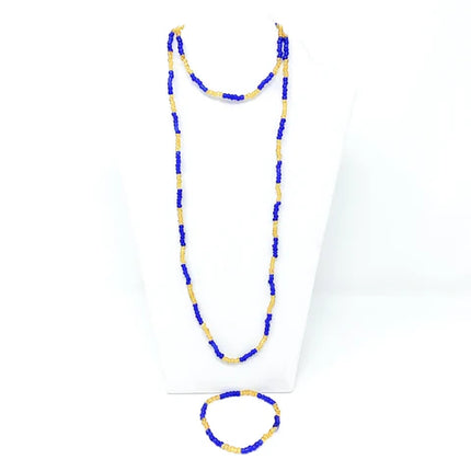 27 Inches Yellow And Blue Glass Bead Necklace & Bracelet Set