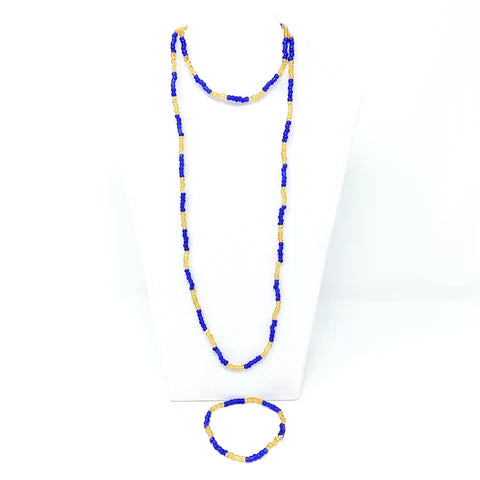 27 Inches Yellow And Blue Glass Bead Necklace & Bracelet Set