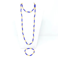 27" Yellow And Blue Glass Bead Necklace & Bracelet Set