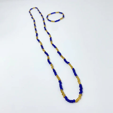 27 Inches Yellow And Blue Glass Beaded Necklace & Bracelet Set