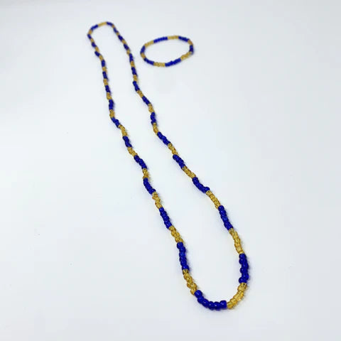 27 Inches Yellow And Blue Glass Beaded Necklace & Bracelet Set