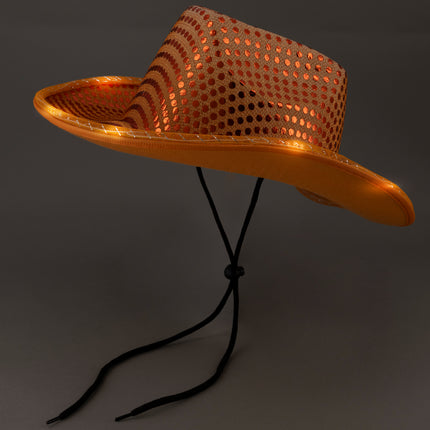 LED Light Up Flashing Sequin Cowboy Hats Orange - 12 Hats