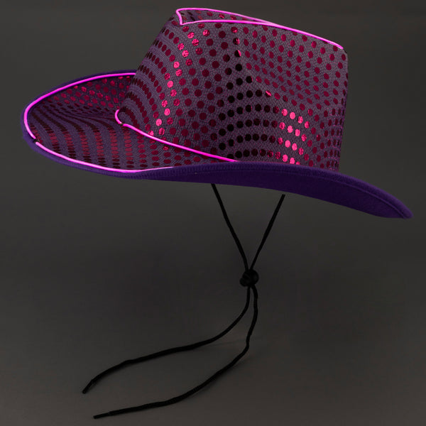 LED Flashing EL Wire Purple Sequin Cowboy Party Hat - Pack of 3 Hats