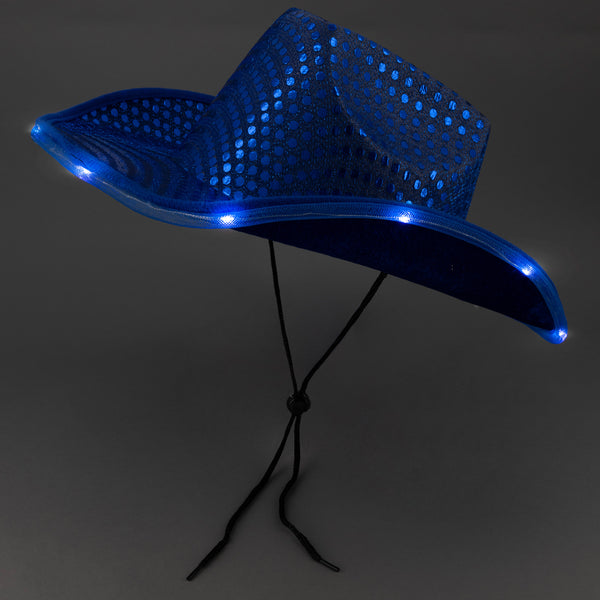 LED Flashing Blue Cowboy Hat With Sequins - Pack of 2