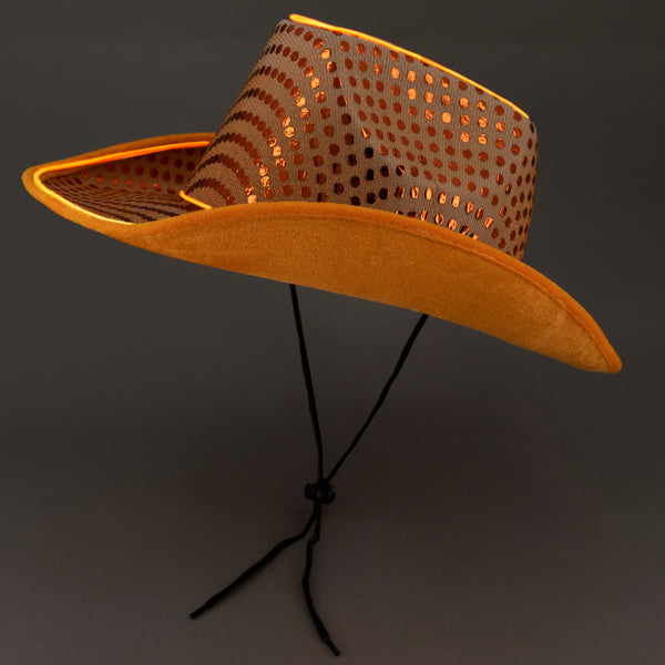 LED Flashing Orange EL Wire Sequin Cowboy Party Hat | PartyGlowz