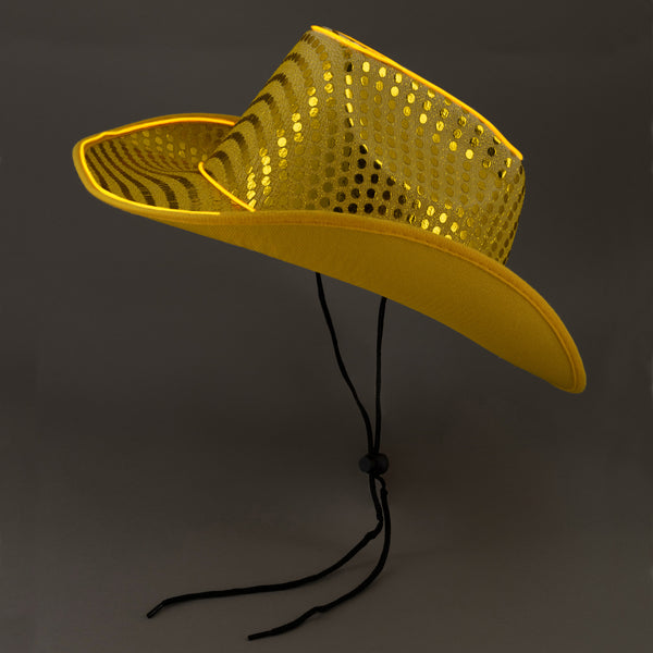 LED Flashing Gold EL Wire Sequin Cowboy Party Hat - Pack of 4 Hats