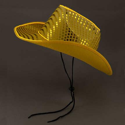 LED Flashing Gold EL Wire Sequin Cowboy Party Hat - Pack of 18 Hats