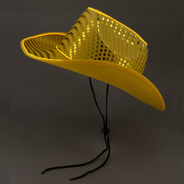 LED Flashing Gold EL Wire Sequin Cowboy Party Hat - Pack of 18