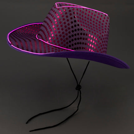 Purple LED Flashing EL Wire Glow Sequin Cowboy Hat | PartyGlowz